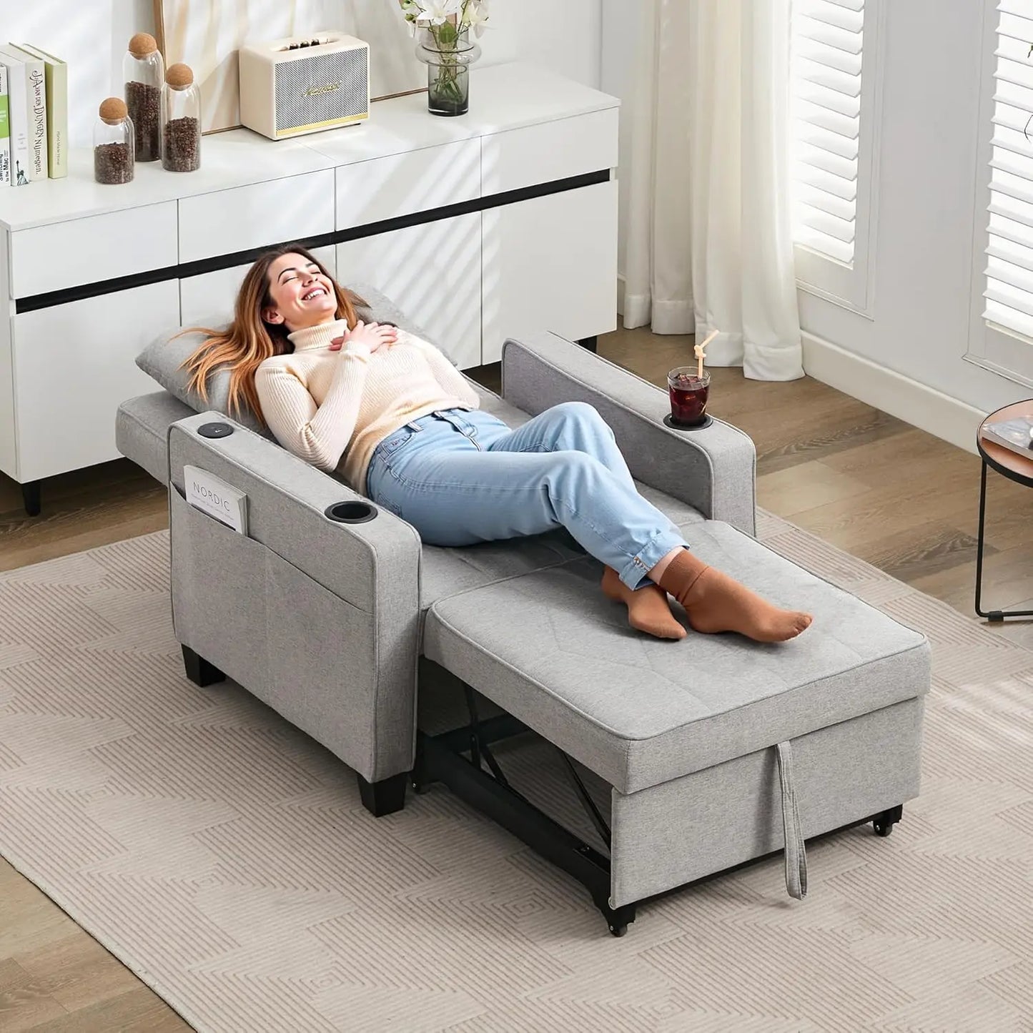 Convertible Sleeper Chair 3 in 1 Bed With USB Cup Holder for Living Room