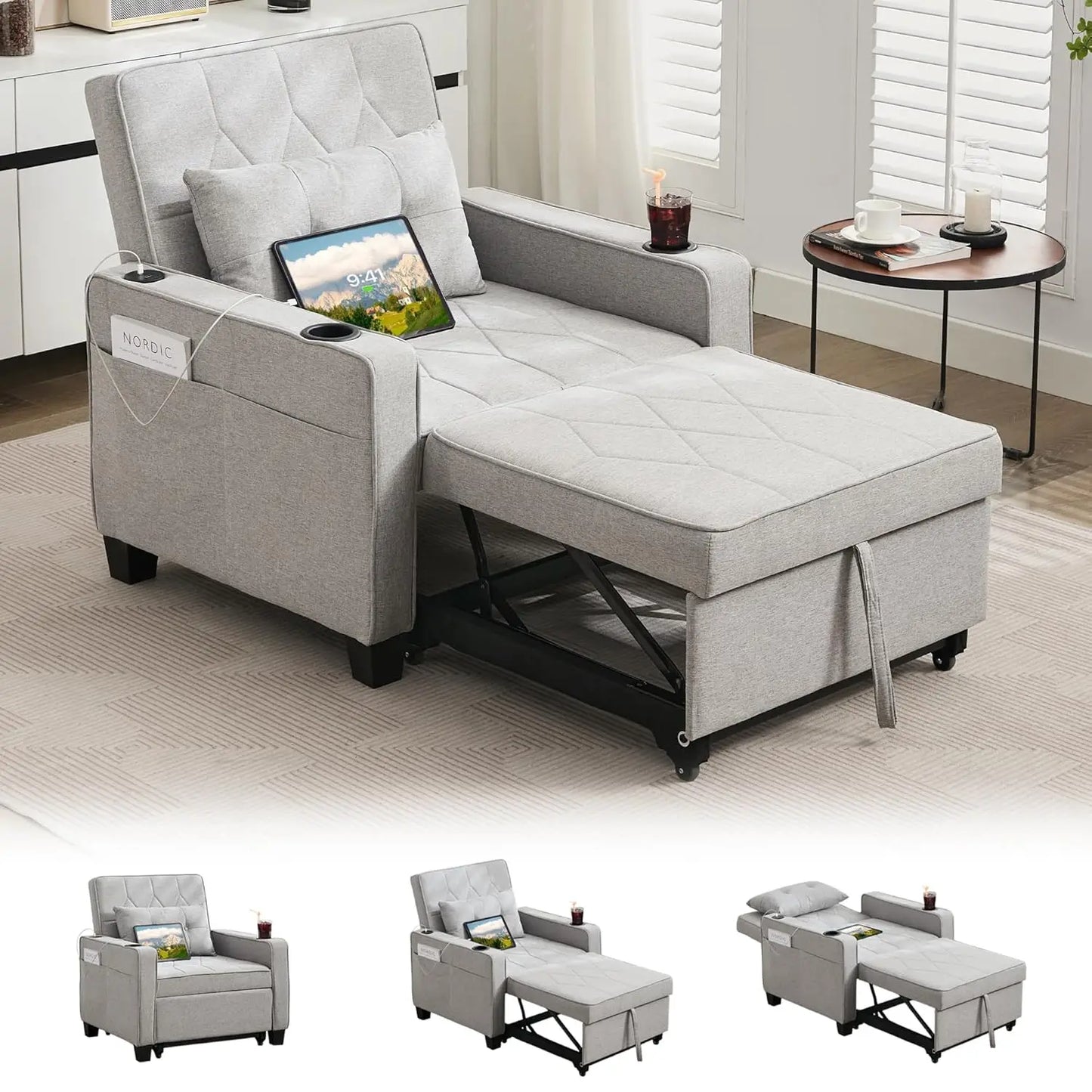 Convertible Sleeper Chair 3 in 1 Bed With USB Cup Holder for Living Room