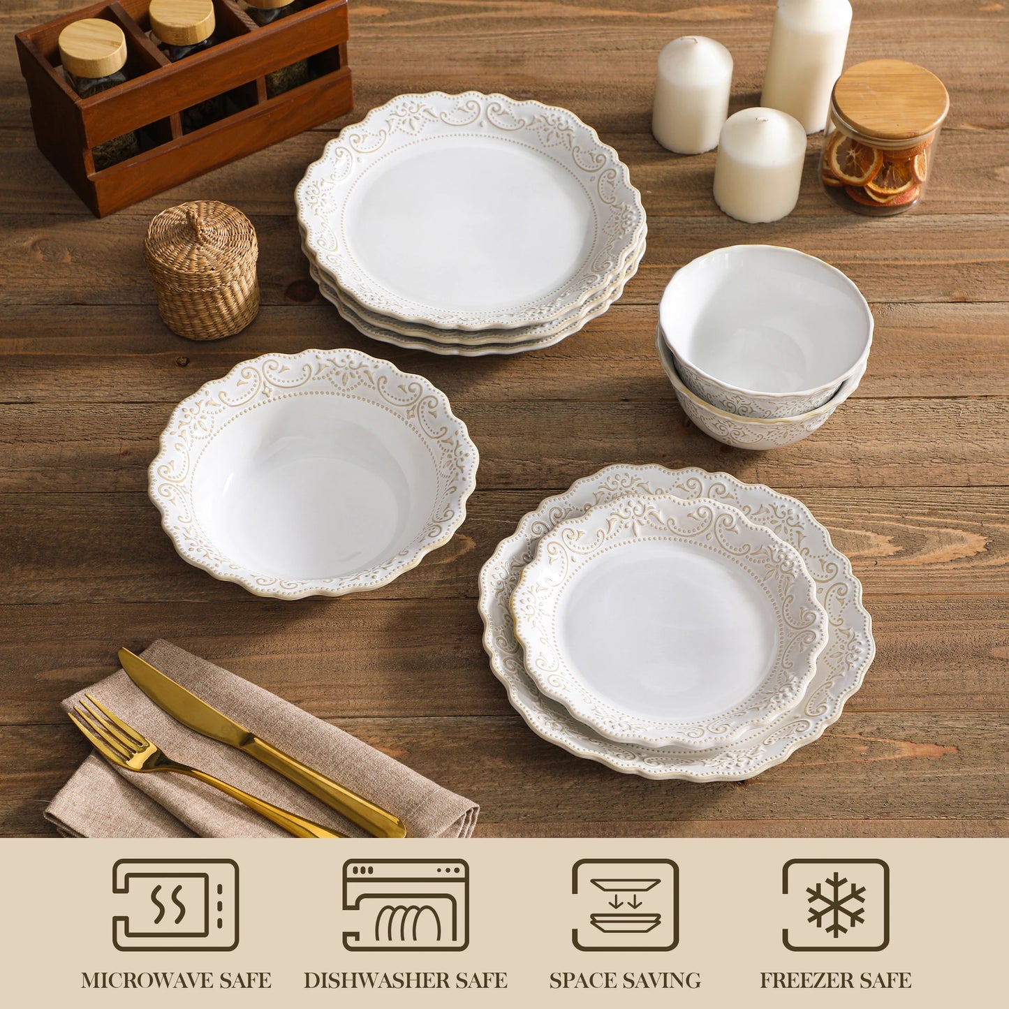 MALACASA Stoneware Dinnerware Set With Relief Pattern
