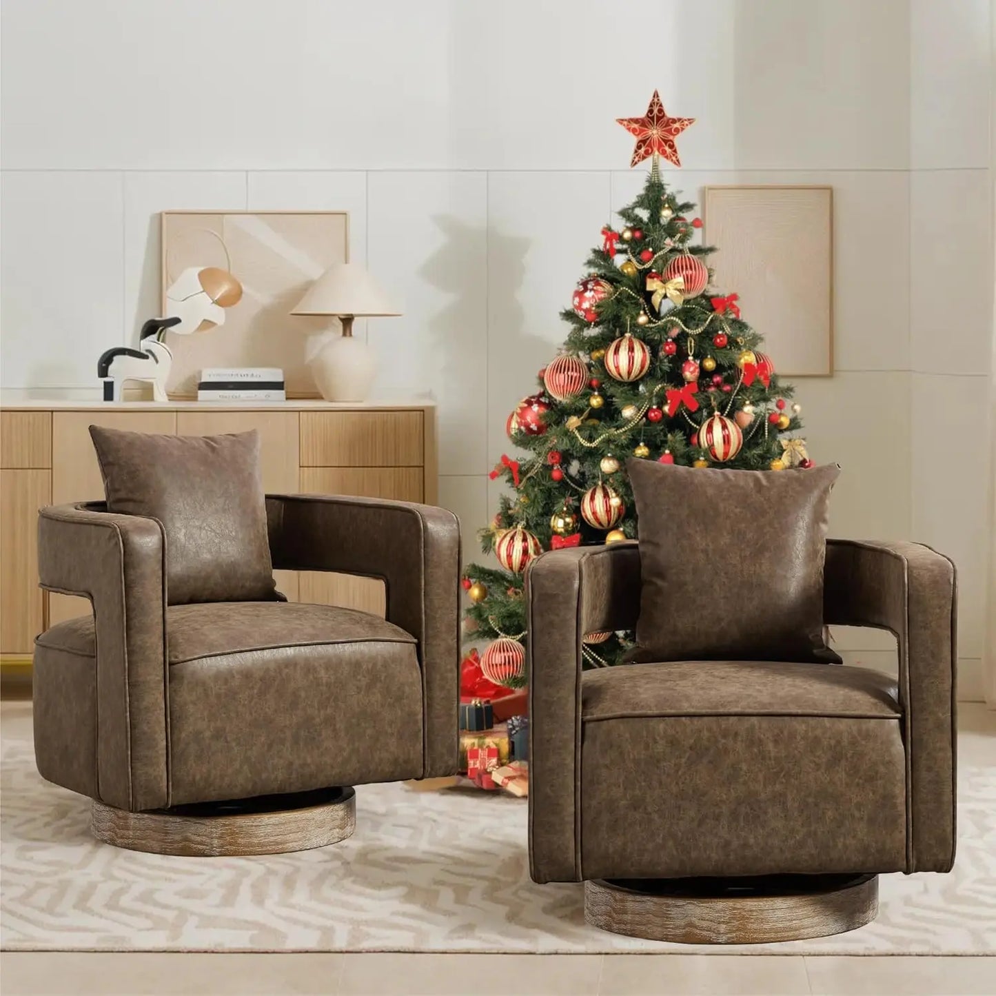 Upholstered Swivel Accent Chair Set of 2 Linen Barrel Chairs