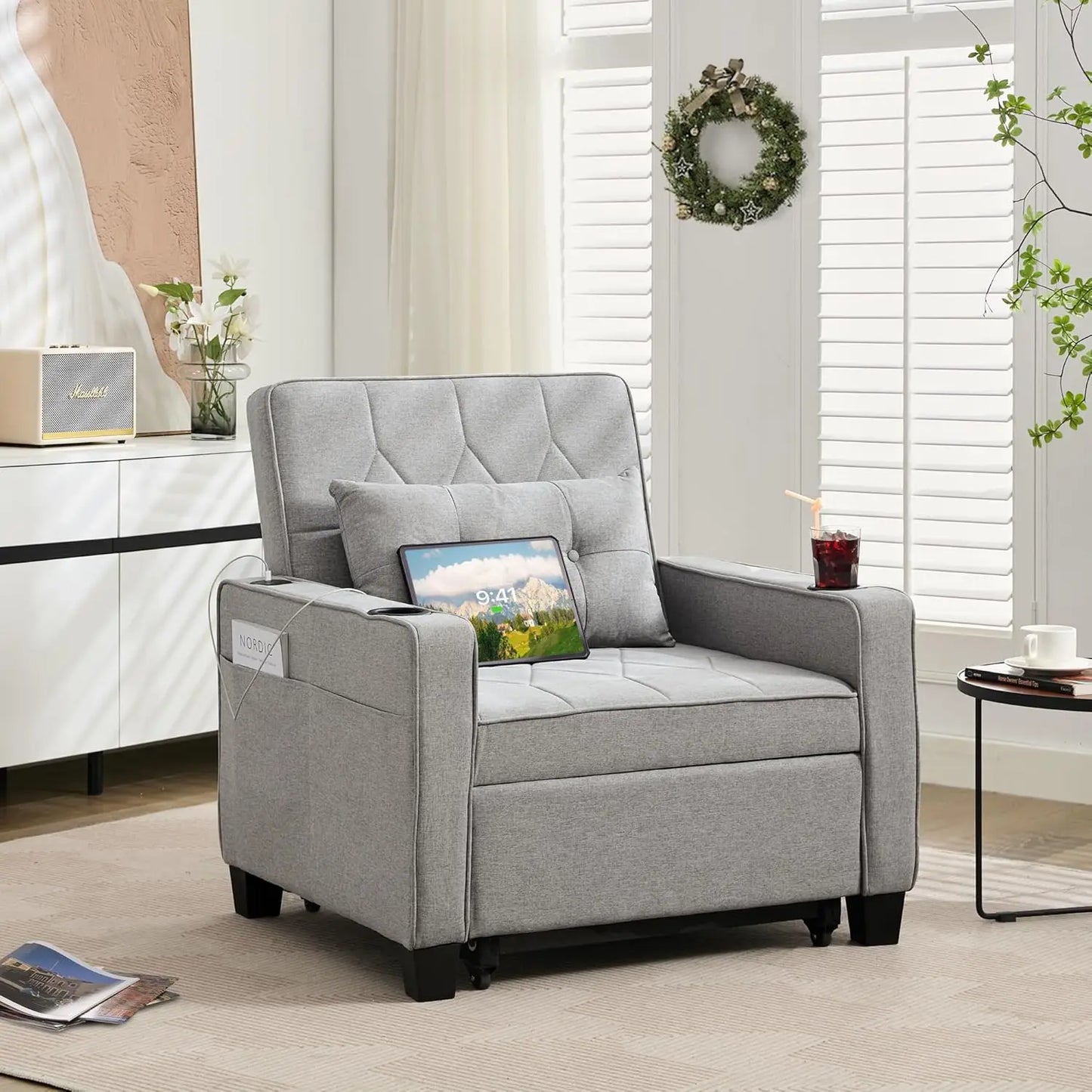 Convertible Sleeper Chair 3 in 1 Bed With USB Cup Holder for Living Room