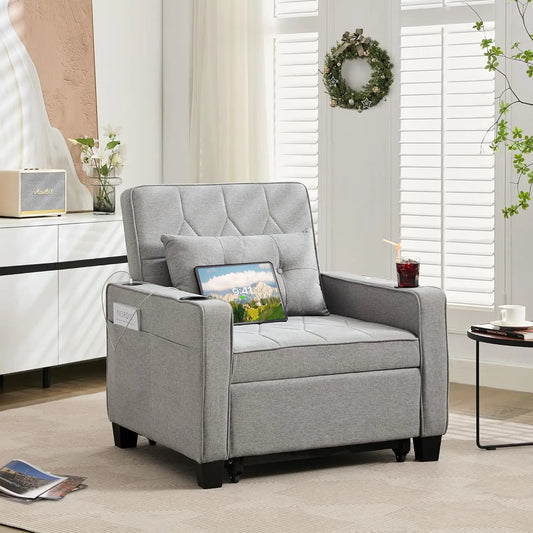 Convertible Sleeper Chair 3 in 1 Bed With USB Cup Holder for Living Room
