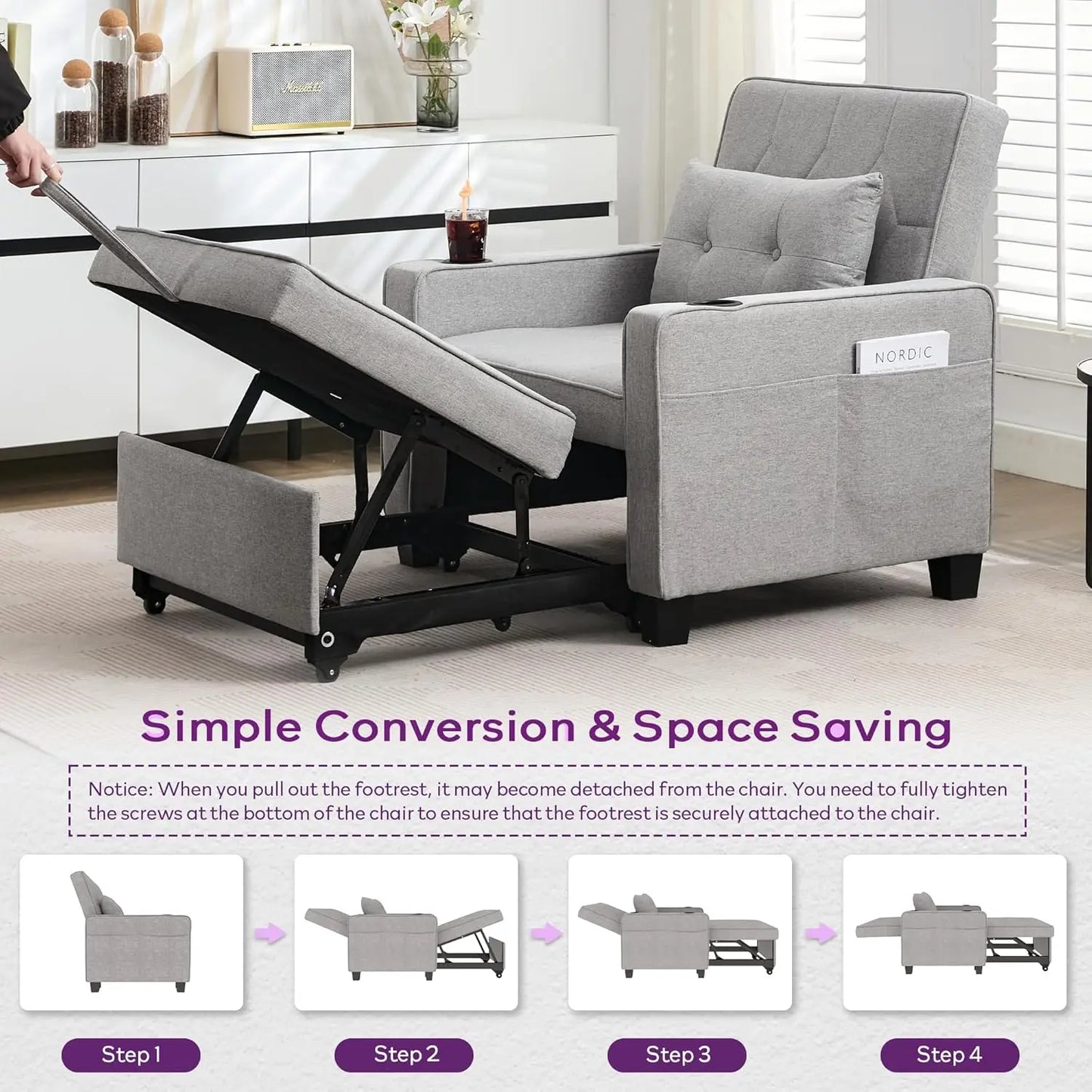 Convertible Sleeper Chair 3 in 1 Bed With USB Cup Holder for Living Room