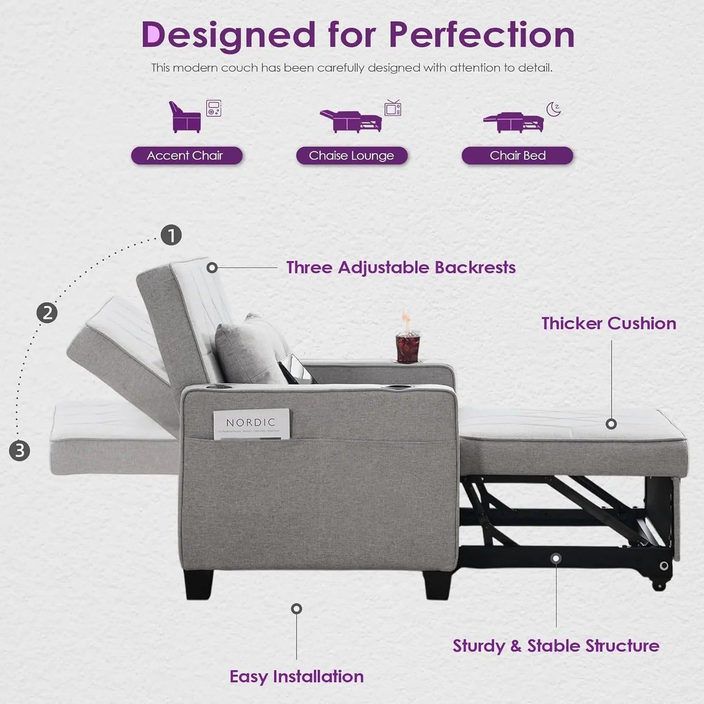 Convertible Sleeper Chair 3 in 1 Bed With USB Cup Holder for Living Room