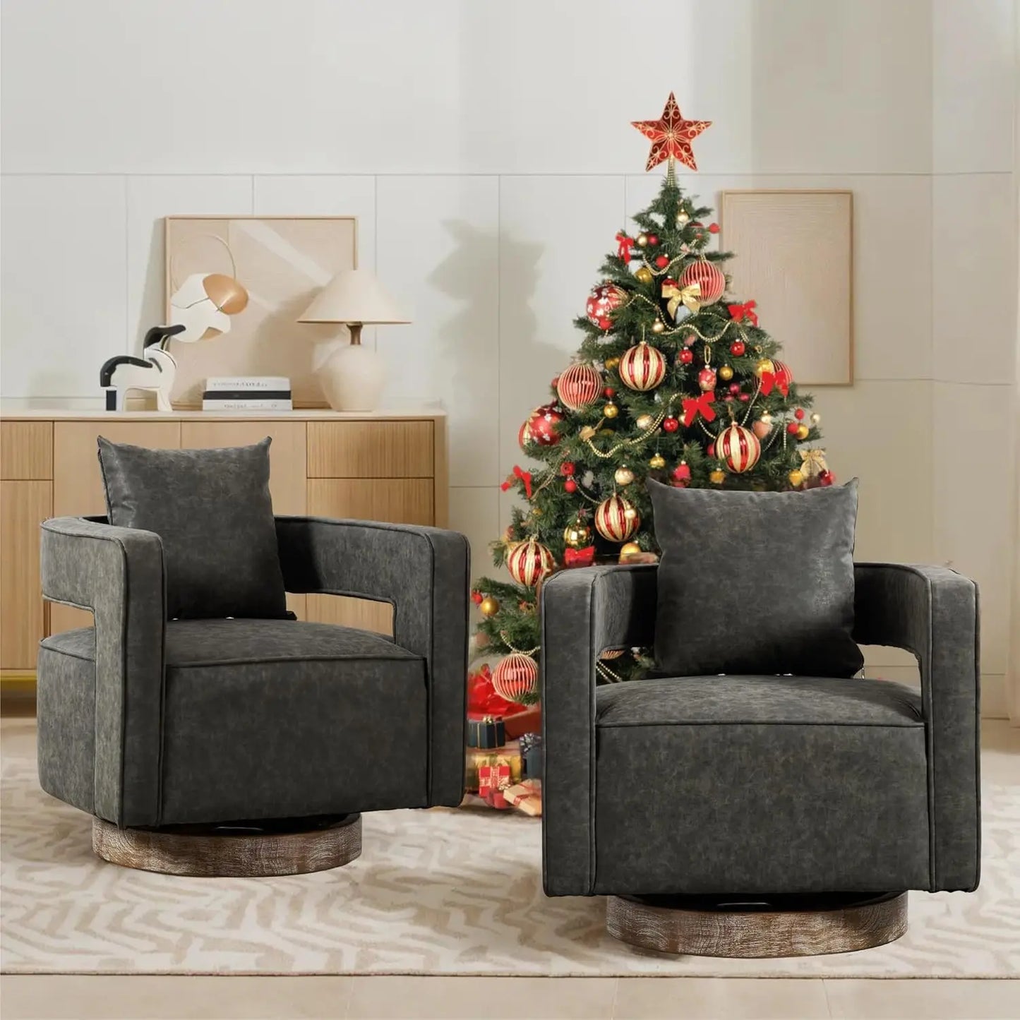 Upholstered Swivel Accent Chair Set of 2 Linen Barrel Chairs