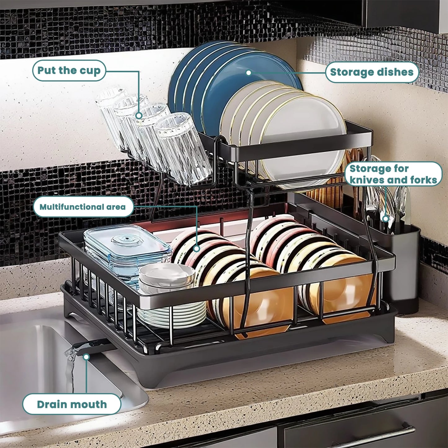 Large Two-Tier Dish Drying Rack for Kitchen Countertop
